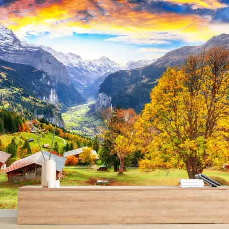 Fotomural ALPES MONTAÑAS VALLE OTOÑO PUEBLO PARA EL SALÓN – Pixers®