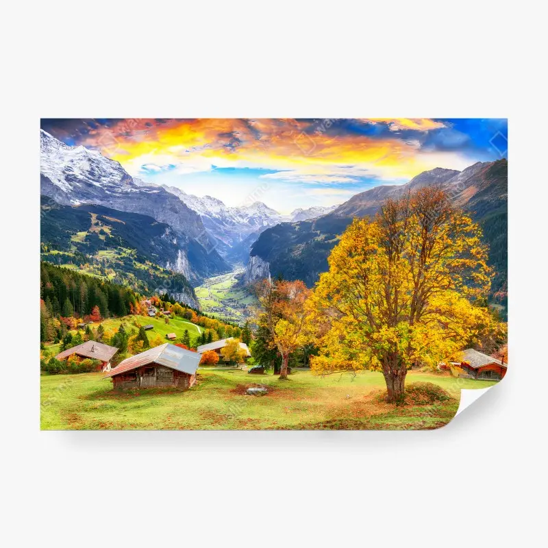 Fotomural ALPES MONTAÑAS VALLE OTOÑO PUEBLO PARA EL SALÓN