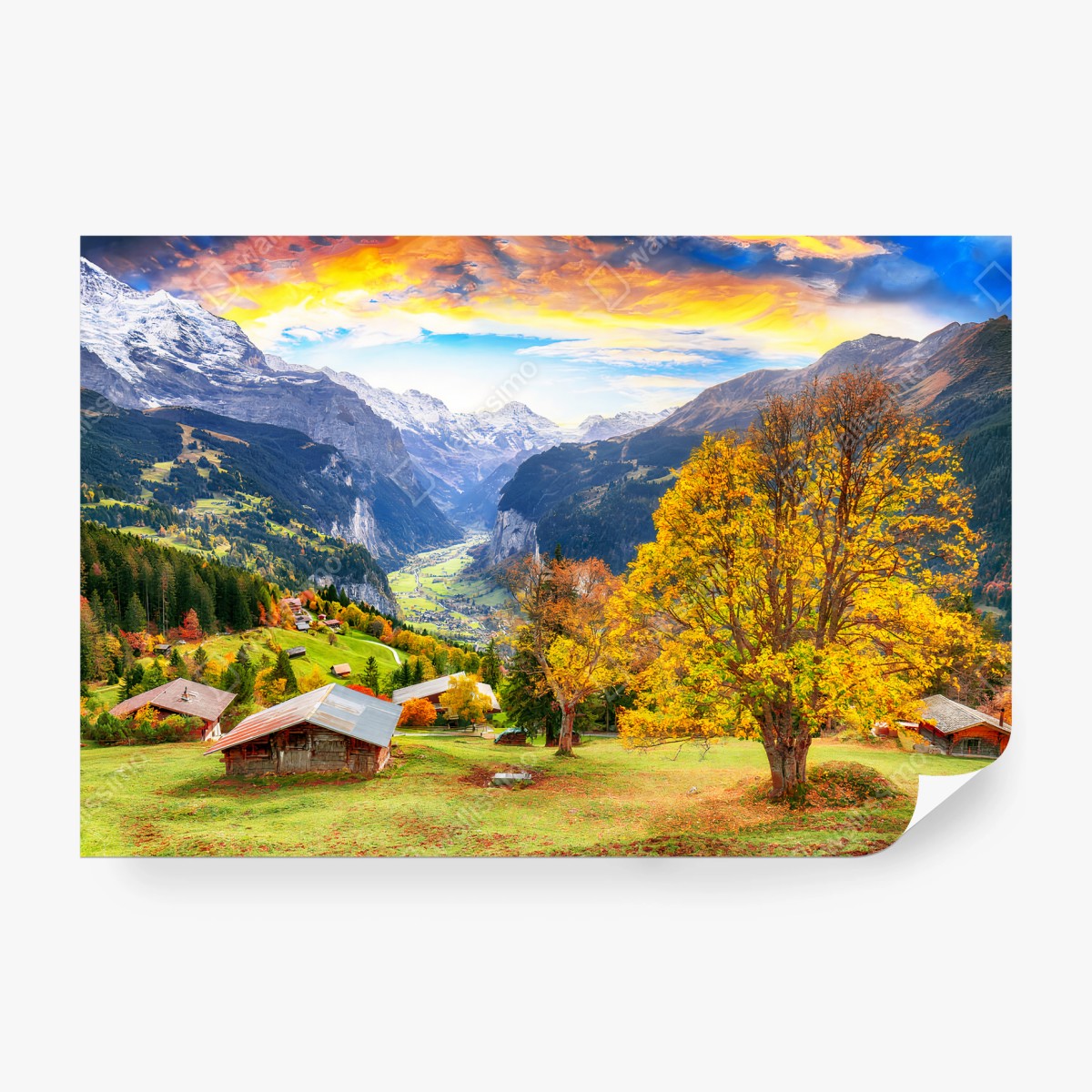 Fotomural ALPES MONTAÑAS VALLE OTOÑO PUEBLO PARA EL SALÓN – Pixers®