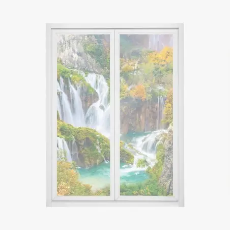 Pegatina para ventana cascada otoñal sobre aguas turquesa – Pixers®