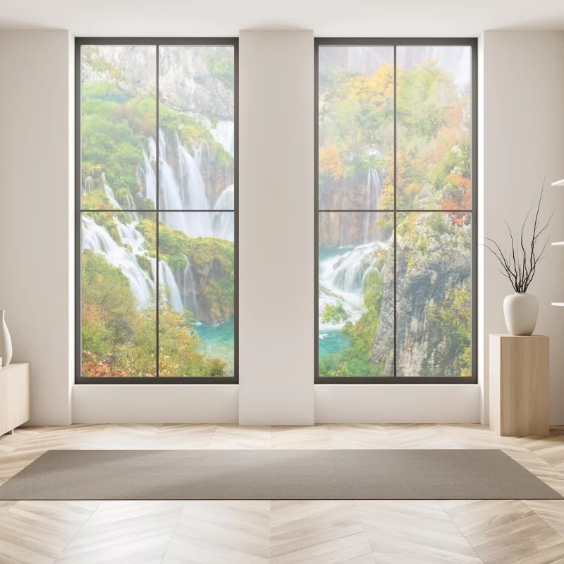 Pegatina para ventana cascada otoñal sobre aguas turquesa – Pixers®
