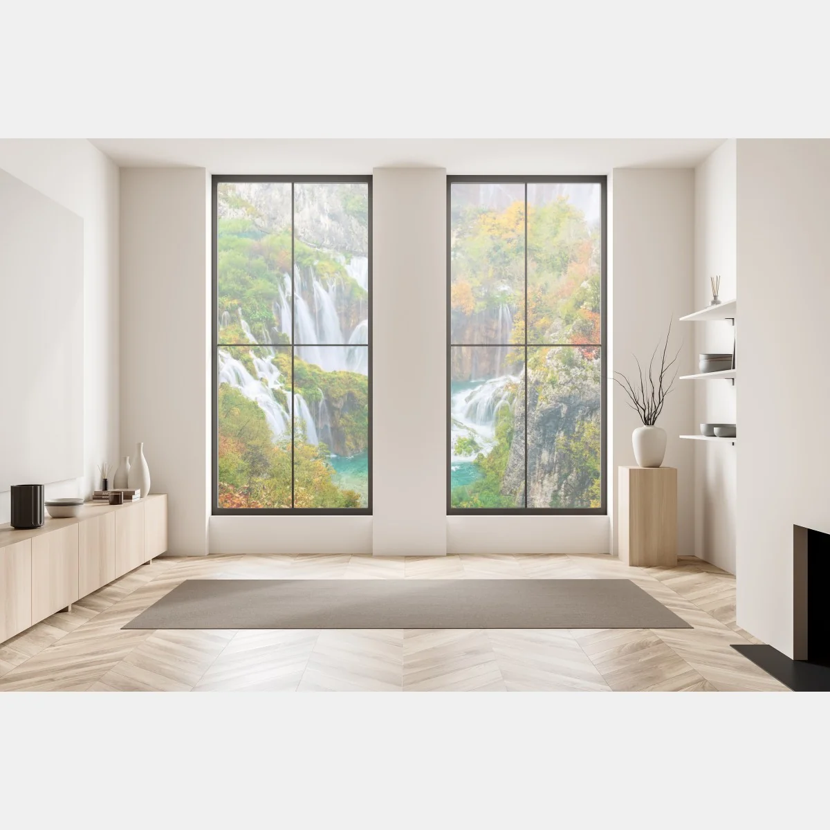 Pegatina para ventana cascada otoñal sobre aguas turquesa – Pixers®