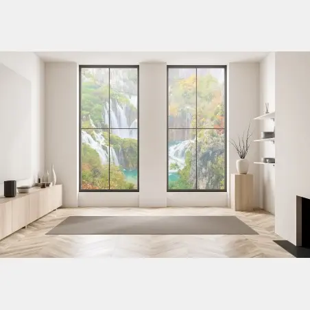 Pegatina para ventana cascada otoñal sobre aguas turquesa – Pixers®