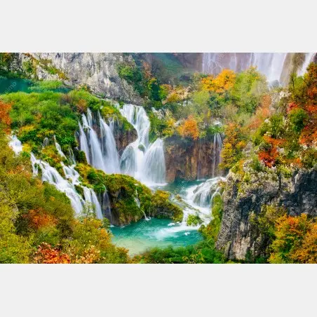 Pegatina para ventana cascada otoñal sobre aguas turquesa – Pixers®