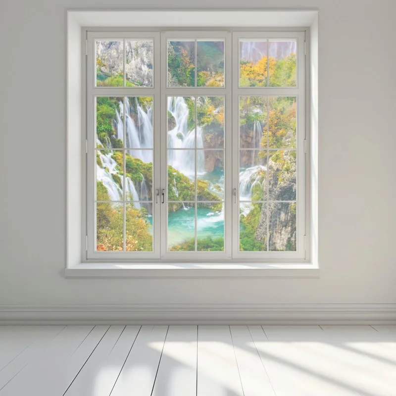 Pegatina para ventana cascada otoñal sobre aguas turquesa – Pixers®