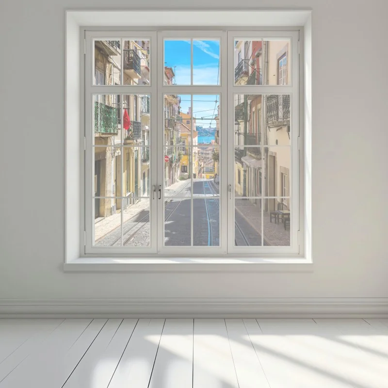 Pegatina para ventana calle empedrada de Lisboa bajo el sol – Pixers®