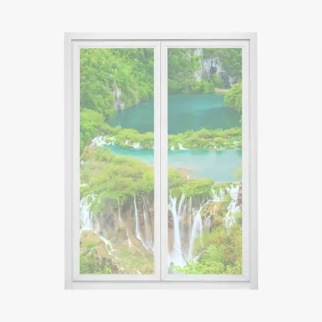 Pegatina para ventana lagos esmeralda y cascadas en bosque exuberante – Pixers®
