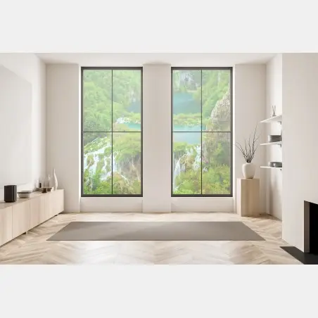Pegatina para ventana lagos esmeralda y cascadas en bosque exuberante – Pixers®