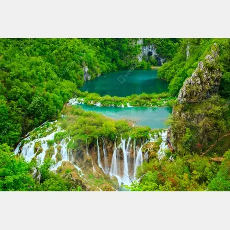 Pegatina para ventana lagos esmeralda y cascadas en bosque exuberante – Pixers®