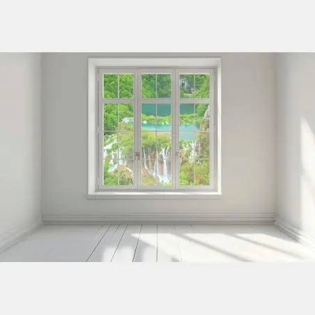 Pegatina para ventana lagos esmeralda y cascadas en bosque exuberante – Pixers®
