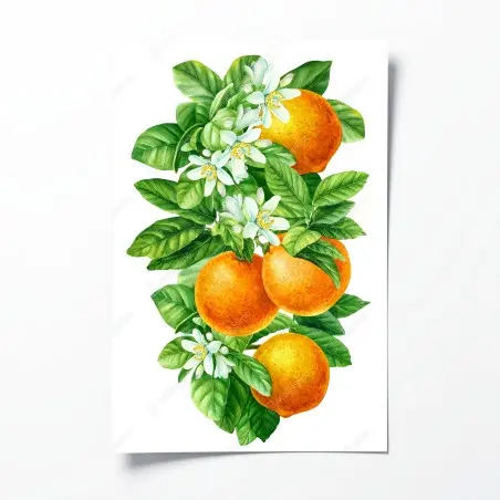 Póster ramas de naranjo con flores en acuarela – Pixers®