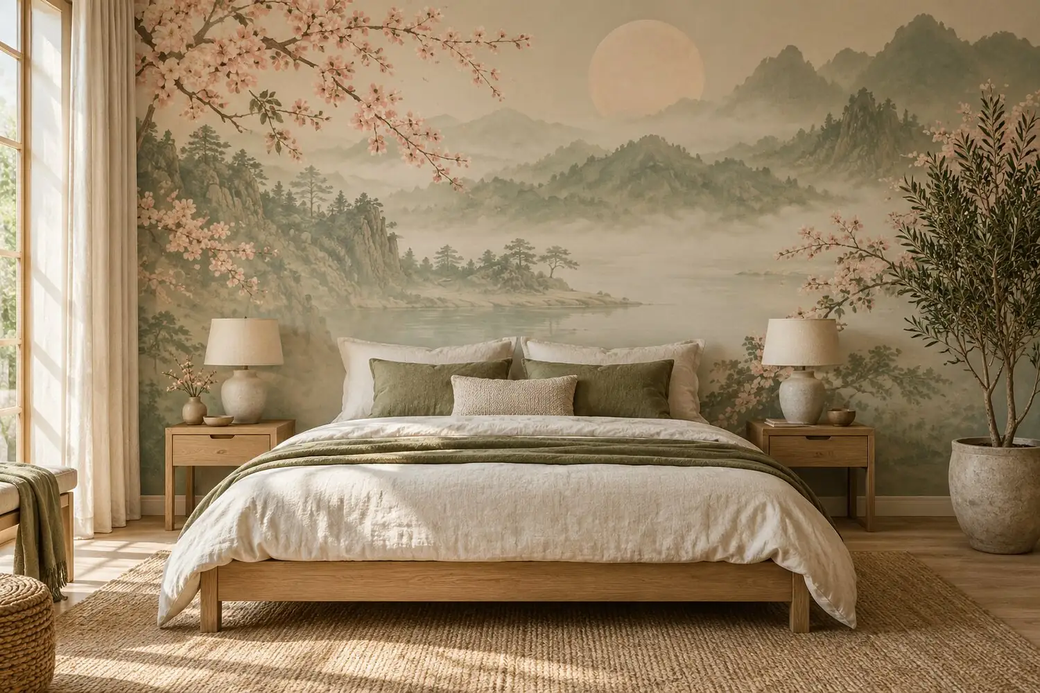 Dormitorio con fotomural: paisaje de montañas entre la niebla con ramas de cerezo en flor detrás de la cama