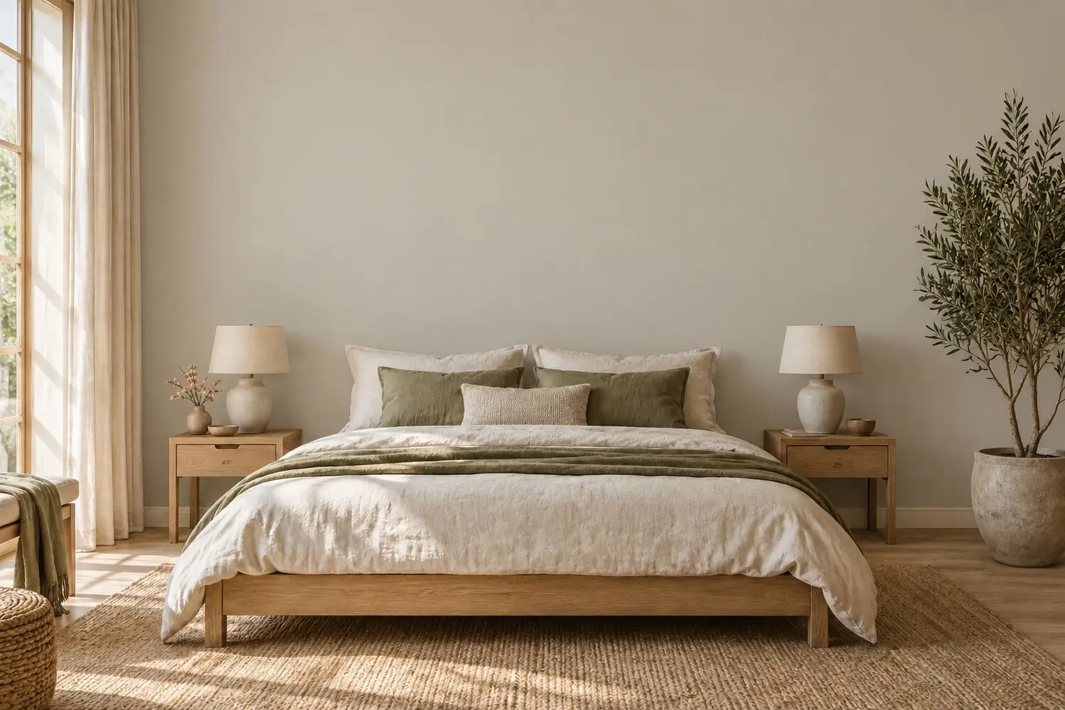 El mismo dormitorio antes, con una pared vacía de color gris claro detrás de la cama
