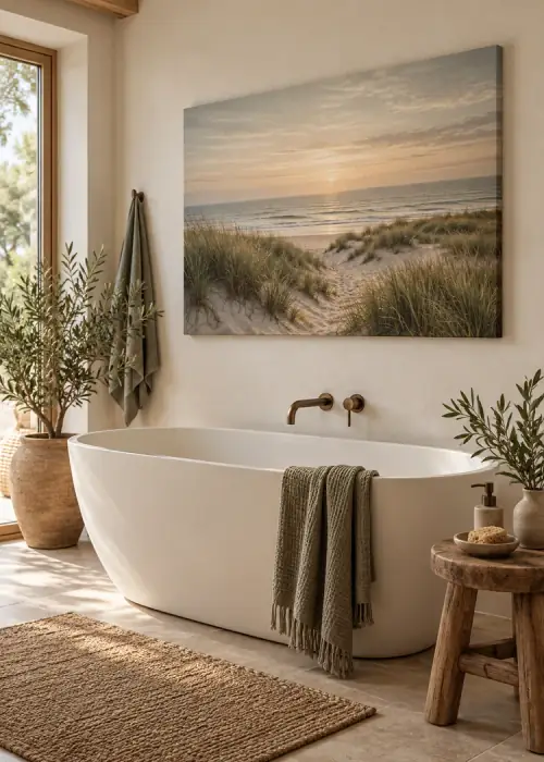 Baño con cuadro en lienzo: dunas junto al mar sobre la bañera