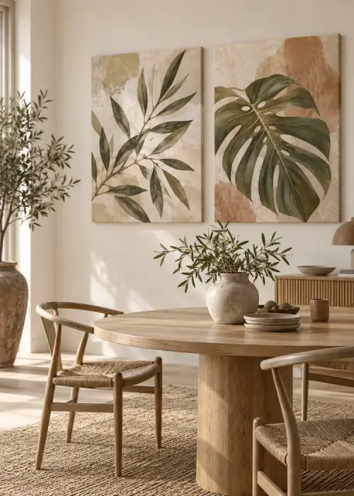Comedor con dos cuadros en lienzo de grandes hojas sobre la mesa