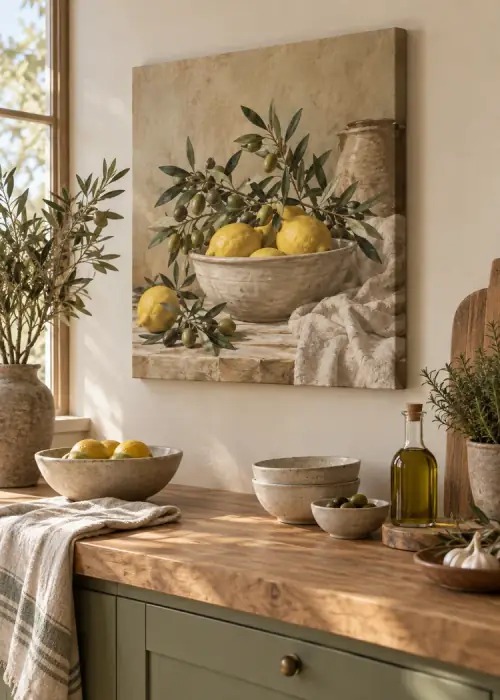 Cocina con cuadro en lienzo: bodegón con limones y ramas de olivo