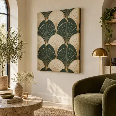 Cuadro en lienzo de estilo art déco: abanicos verdes con líneas doradas