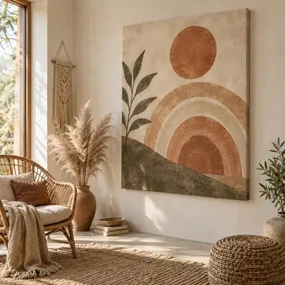 Cuadro en lienzo de estilo boho: sol y arcos en terracota con hierba de las pampas