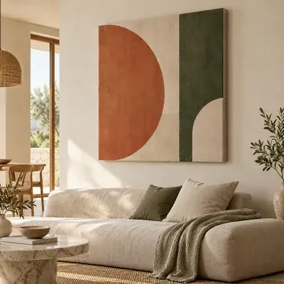 Cuadro en lienzo de estilo moderno: semicírculo en terracota junto a una franja verde