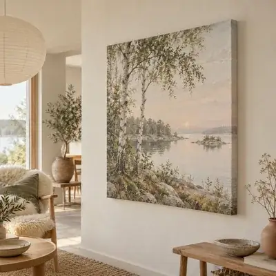 Cuadro en lienzo de estilo escandinavo: abedules junto a un lago