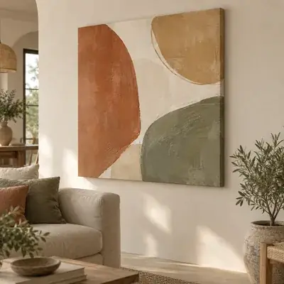 Cuadro en lienzo abstracto con arcos en terracota, ocre y verde oliva sobre un sofá