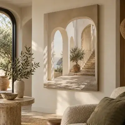 Cuadro en lienzo con arcos blancos y una escalera junto al mar