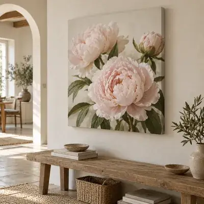 Cuadro en lienzo con peonías rosas sobre una mesa de madera