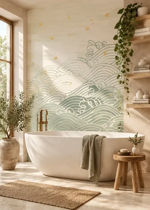 Baño con fotomural: líneas onduladas en verde salvia