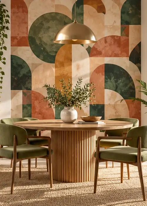 Comedor con fotomural: formas geométricas en terracota y verde