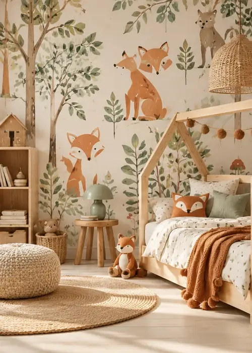 Habitación infantil con fotomural: zorros entre árboles