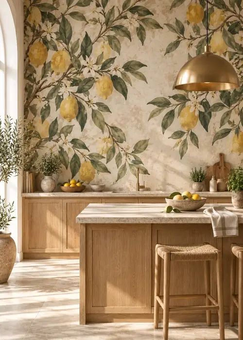 Cocina con fotomural: ramas de limonero
