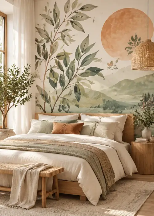 Dormitorio con fotomural: ramas de olivo ante el sol del atardecer