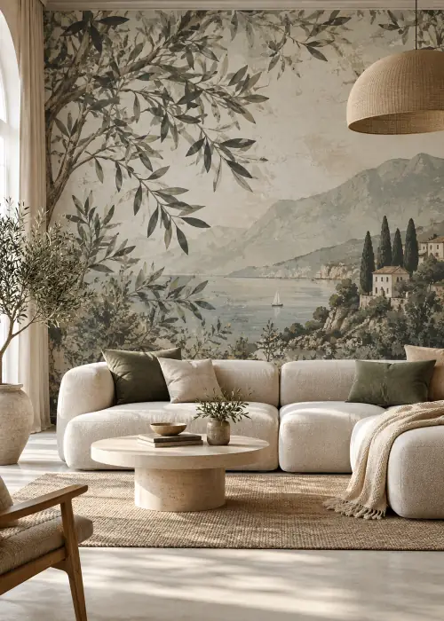 Salón con fotomural: ramas de olivo ante un paisaje costero
