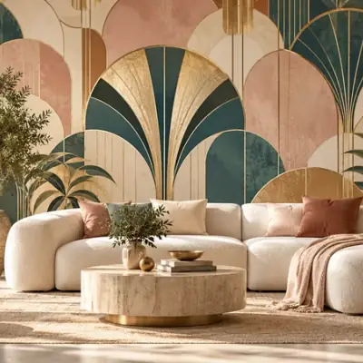 Fotomural de estilo art déco: abanicos en rosa, verde y dorado