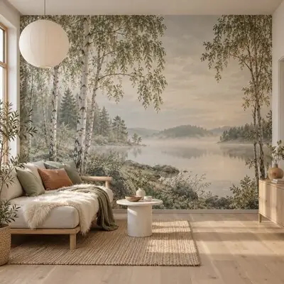 Fotomural de estilo escandinavo: abedules junto a un lago