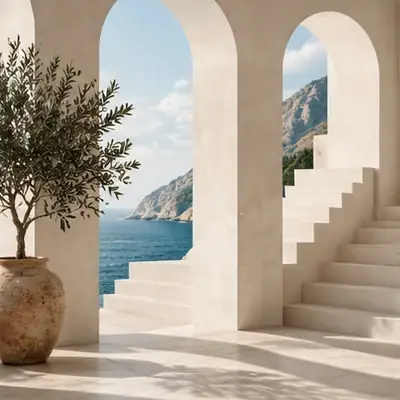 Fotomural con arcos blancos y una escalera junto al mar