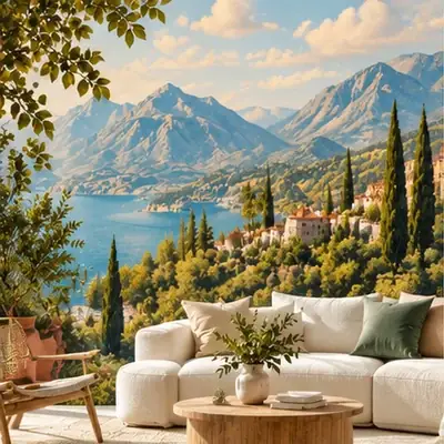 Fotomural con lago de montaña y cipreses en un salón