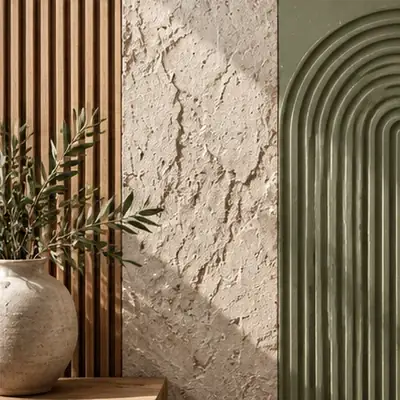 Fotomural con efecto estuco junto a listones de madera
