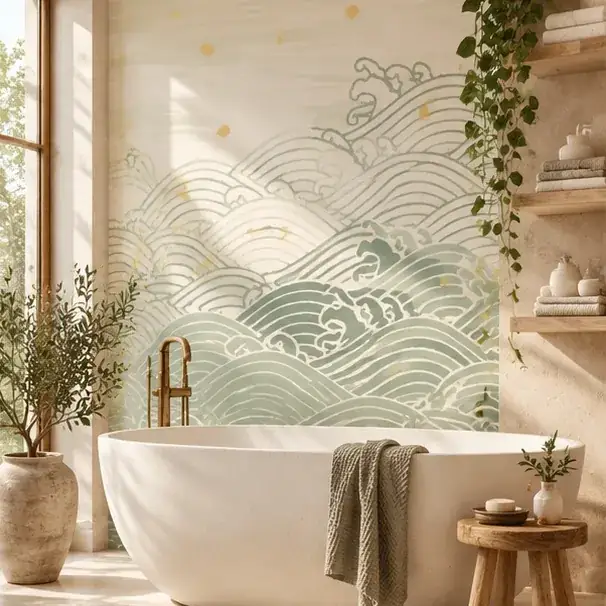 Baño con fotomural: olas japonesas en verde salvia detrás de la bañera