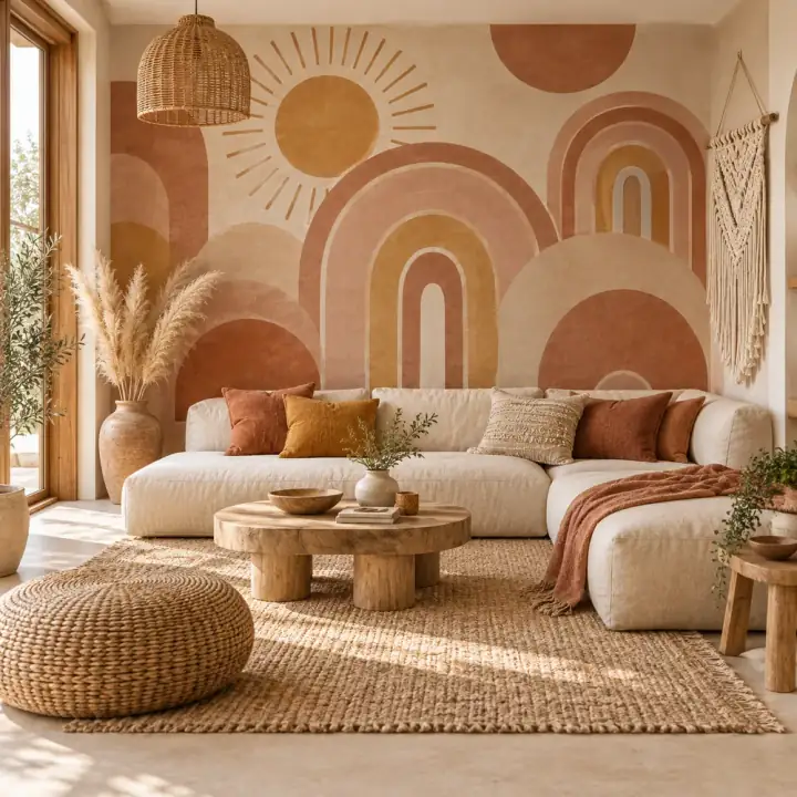 Salón boho con fotomural: arcos y soles en terracota y amarillo mostaza