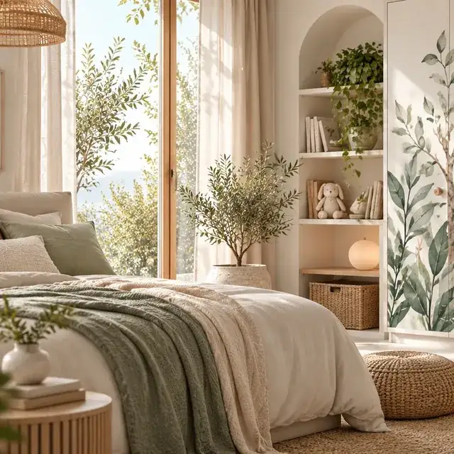 Dormitorio luminoso de estilo escandinavo con motivo de hojas en la pared