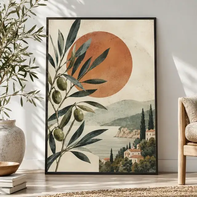 Póster enmarcado con rama de olivo y sol sobre un paisaje costero