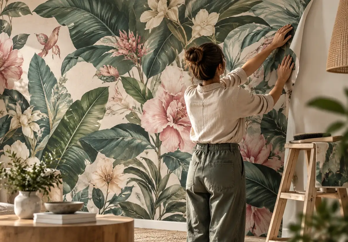 Una mujer coloca en la pared un fotomural con grandes hojas y flores rosas