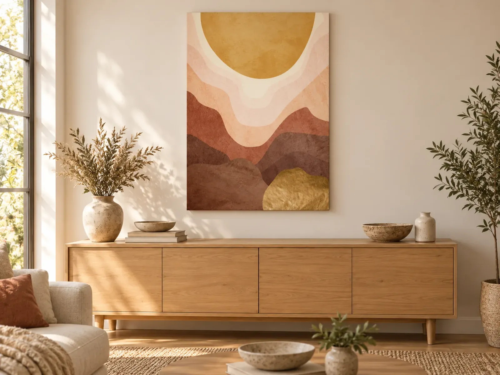 Cuadro en lienzo «Amanecer abstracto en tonos tierra» sobre un aparador