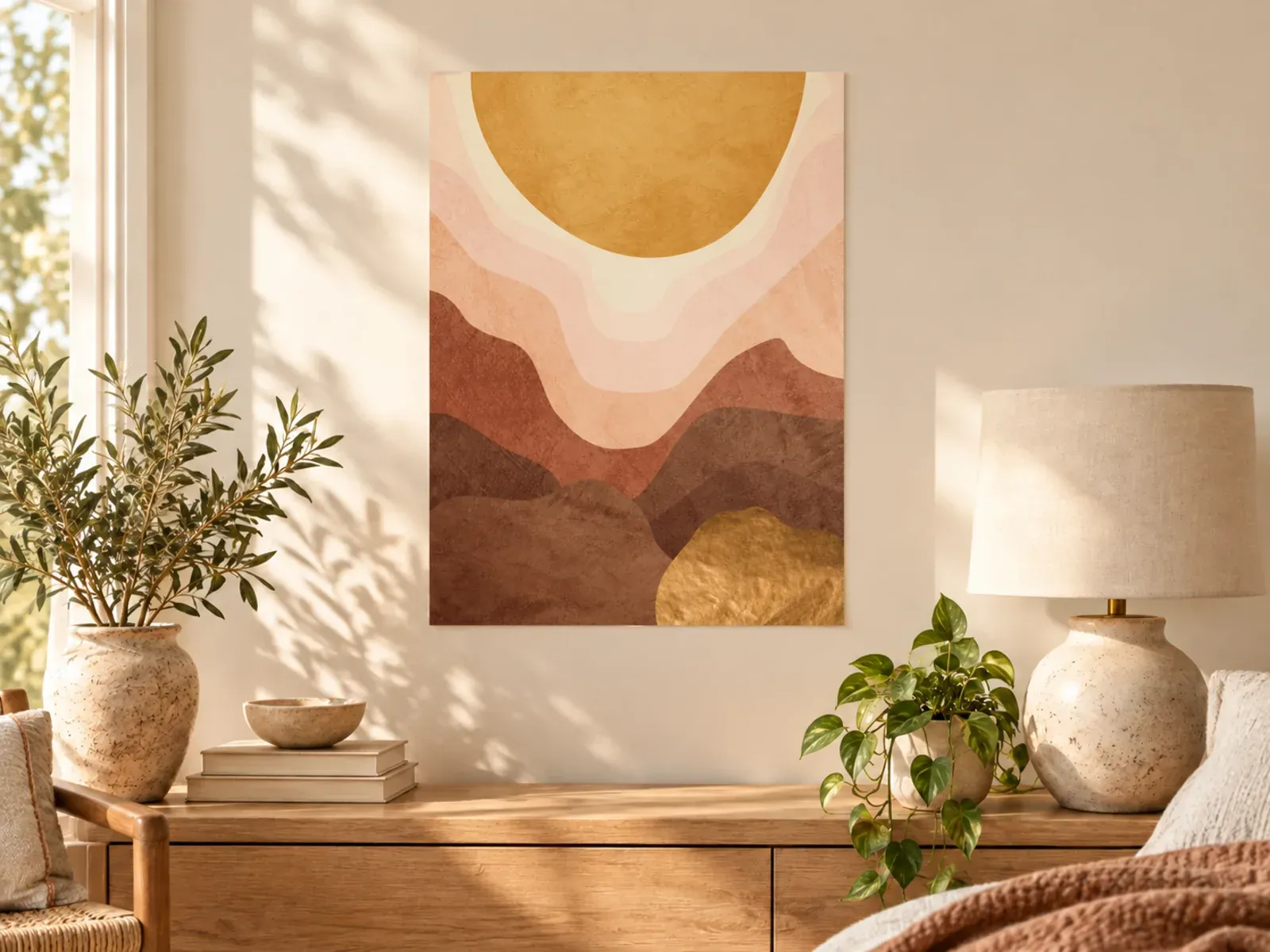 Póster «Amanecer abstracto en tonos tierra» en la pared sobre una cómoda
