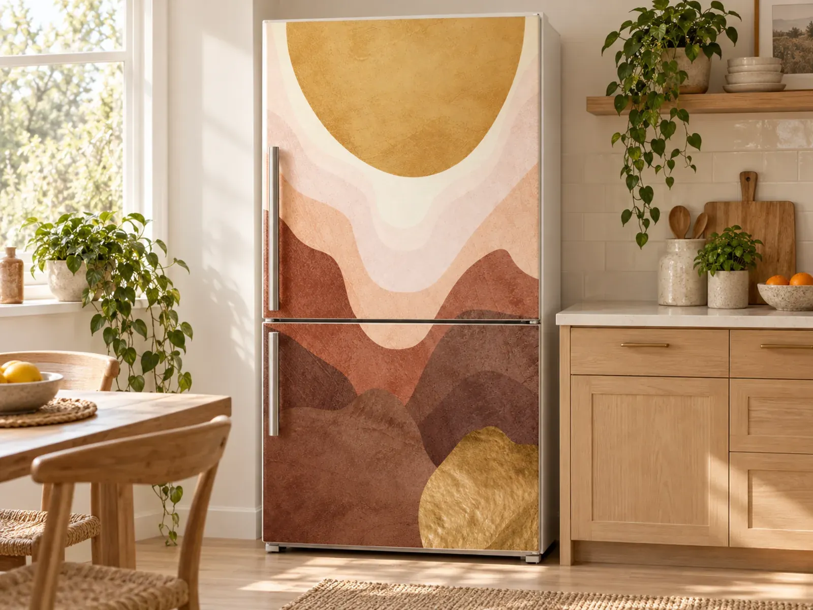 Nevera en la cocina con la pegatina «Amanecer abstracto en tonos tierra»