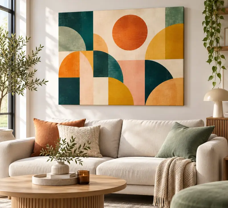 Cuadro en lienzo abstracto en naranja, verde y rosa sobre un sofá