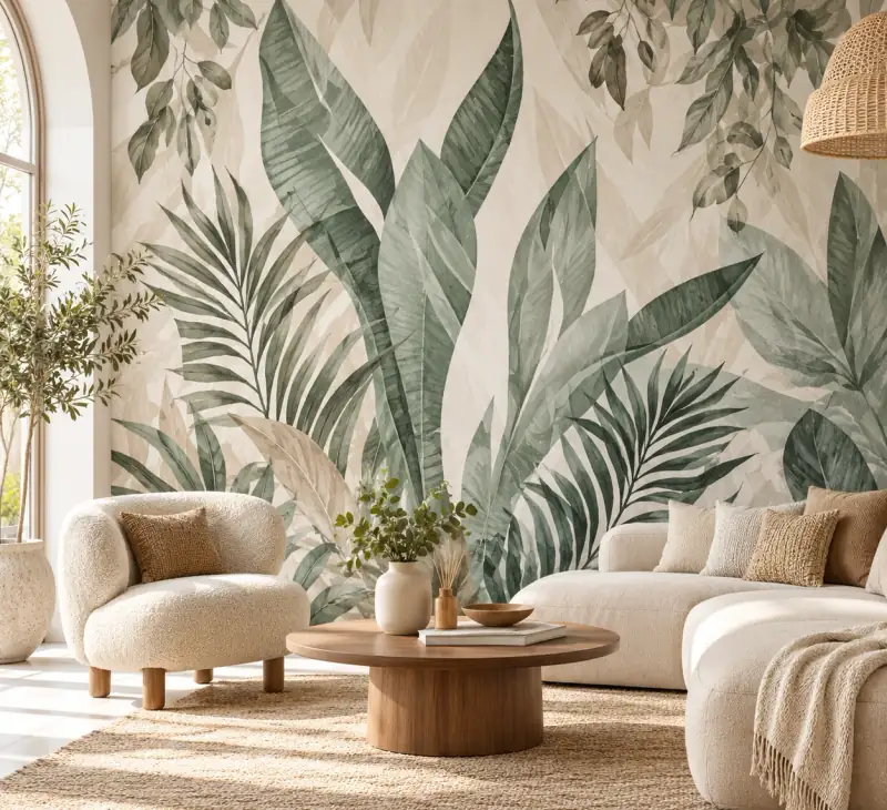 Salón con fotomural de grandes hojas de palmera detrás de un sofá claro