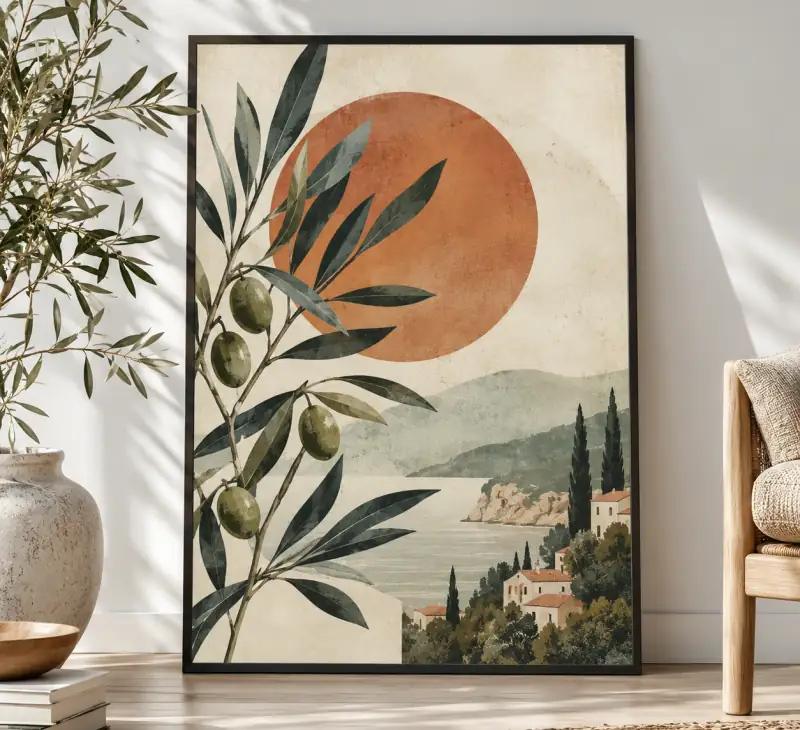 Póster enmarcado con rama de olivo y paisaje costero