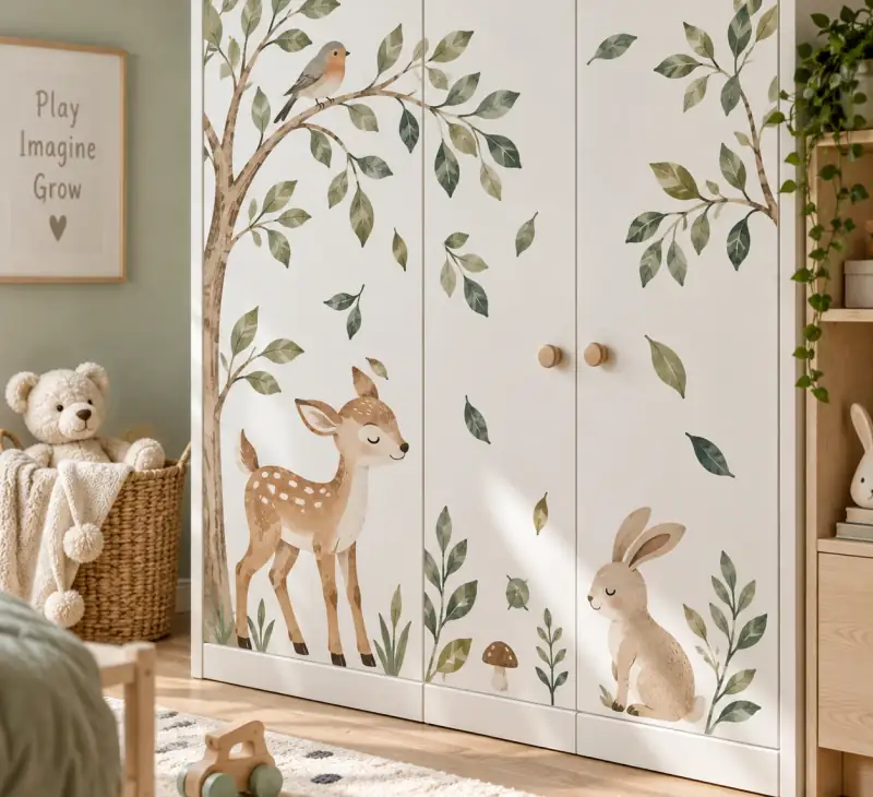 Armario con pegatinas: corzo, liebre y árboles en una habitación infantil